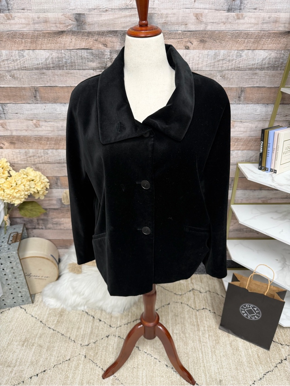 Talbots Black Velvet Button Up Coat with Collar